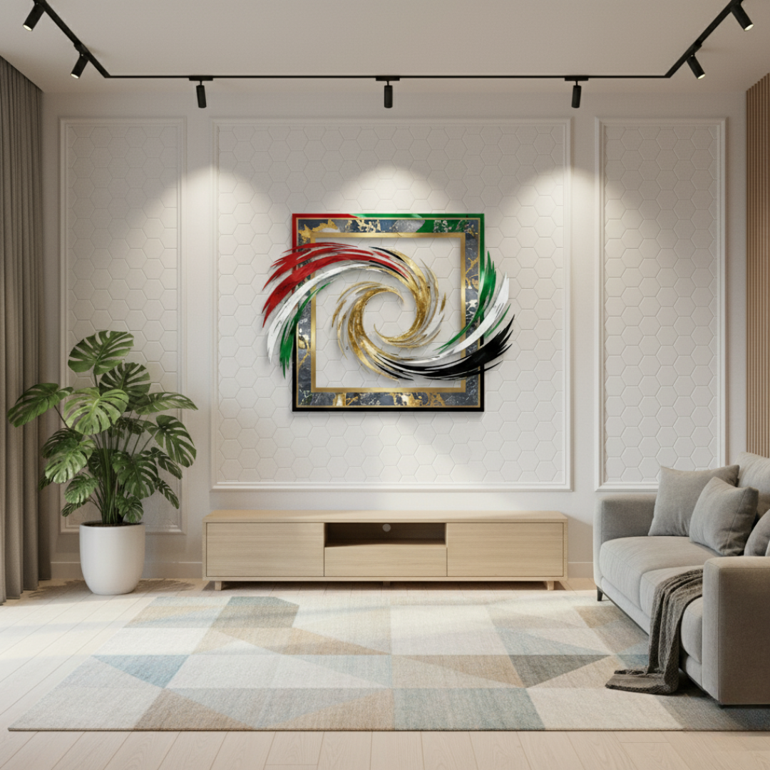 Modern UAE Flag Swirl Acrylic Framed Wall Art | Elegant National Decor.