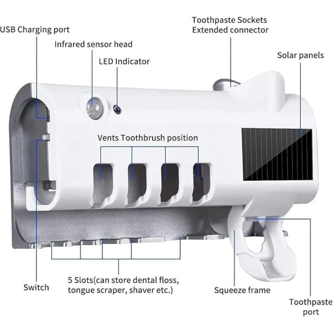 Multi-Function UV Toothbrush Sterilizer & Holder | Automatic Sanitizer with Toothpaste Dispenser & Wall-Mount Storage.