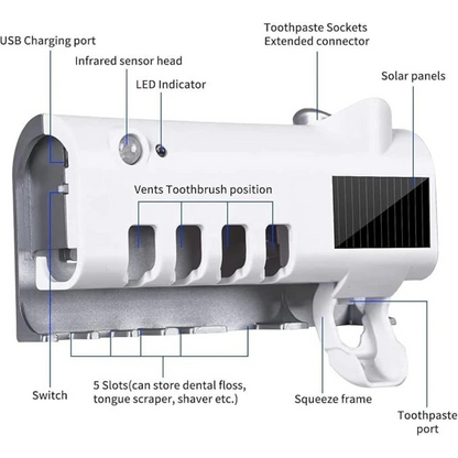 Multi-Function UV Toothbrush Sterilizer & Holder | Automatic Sanitizer with Toothpaste Dispenser & Wall-Mount Storage.