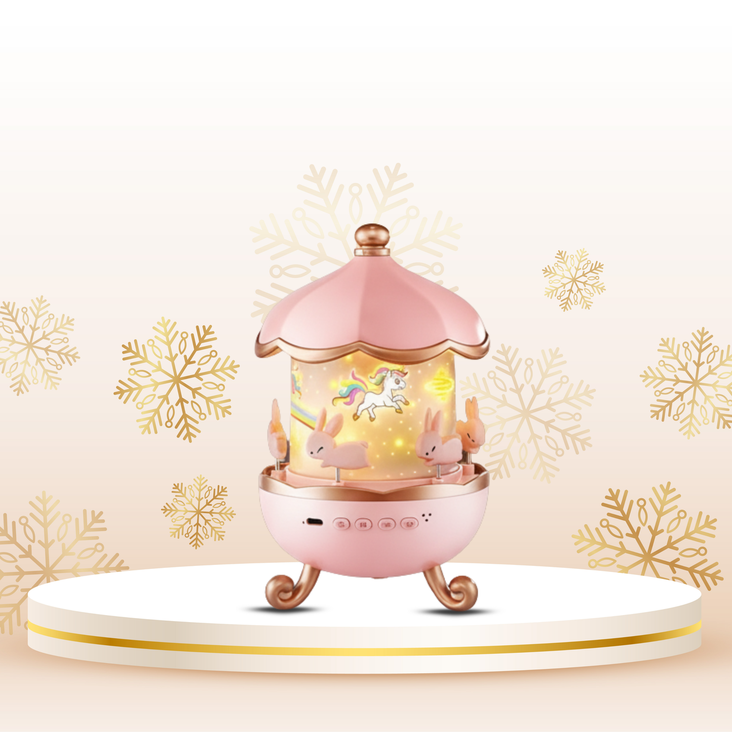 Pink carousel-shaped night light with rabbits and a unicorn on a decorative stand.
