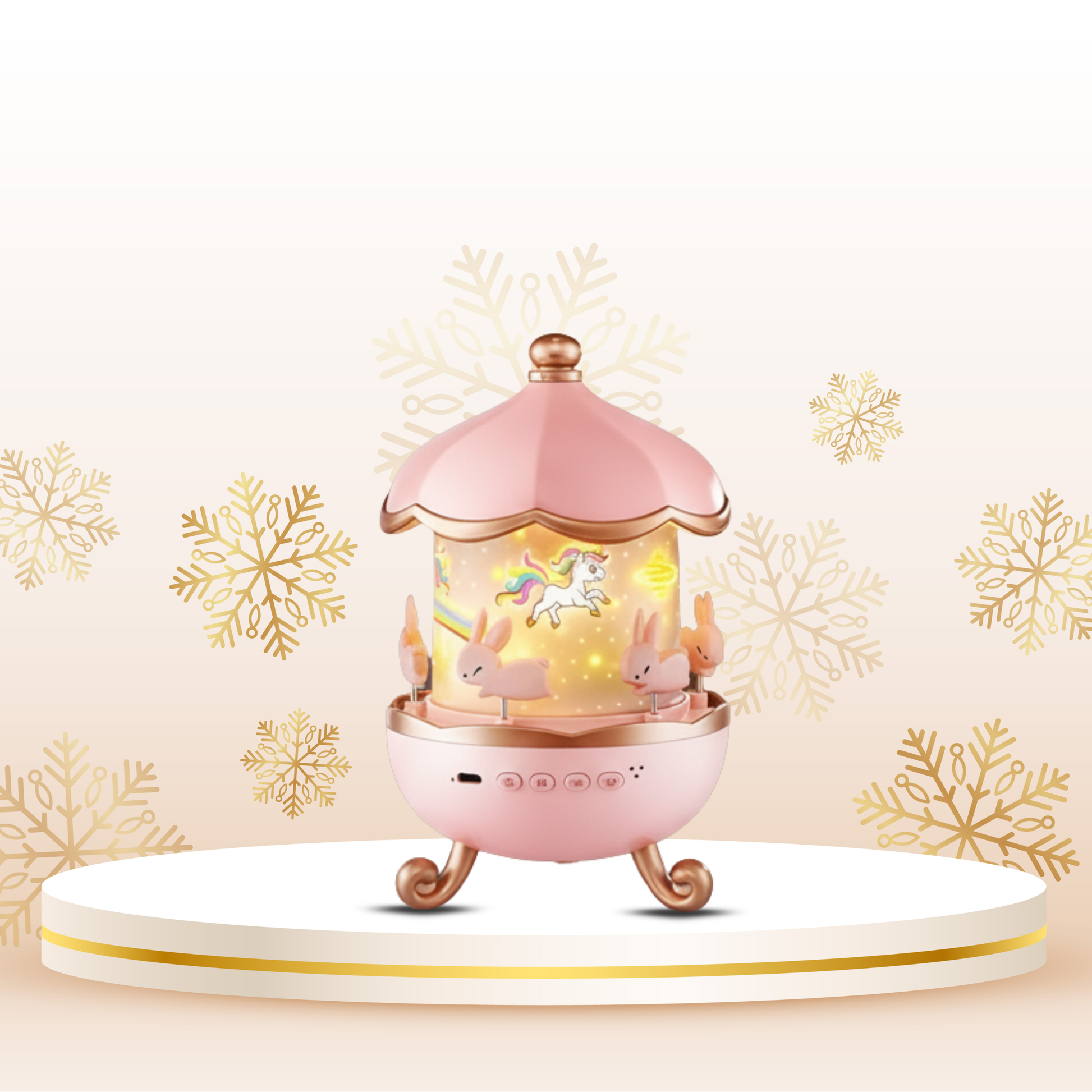 Pink carousel-shaped night light with rabbits and a unicorn on a decorative stand.
