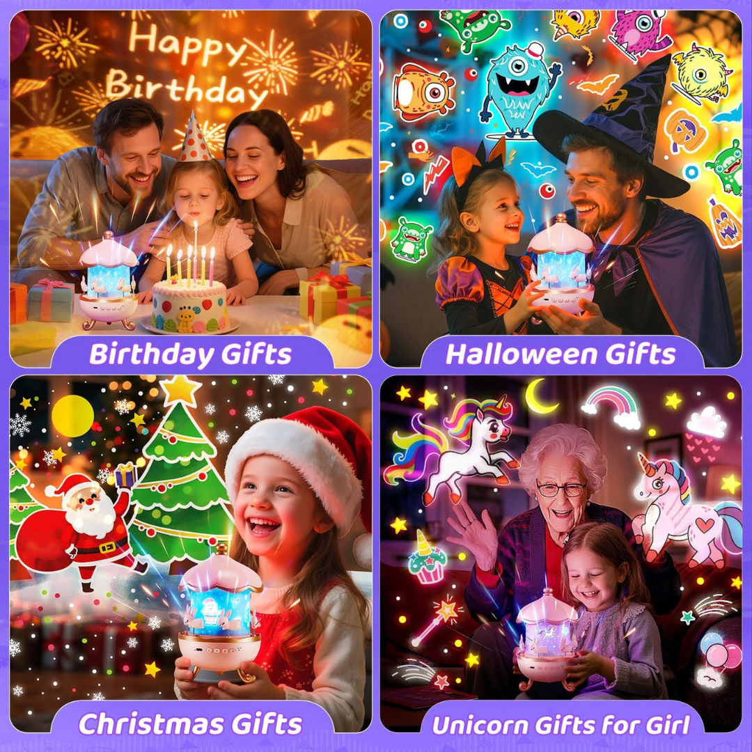 Collage of four images showing birthday, Halloween, Christmas, and unicorn gifts for a girl.