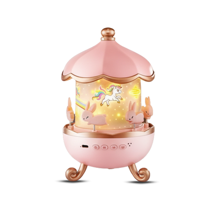 Pink carousel-shaped night light with cartoon characters on a white background