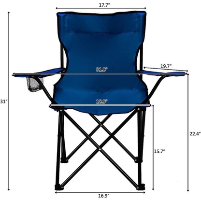Blue camping chair with dimensions marked on a white background