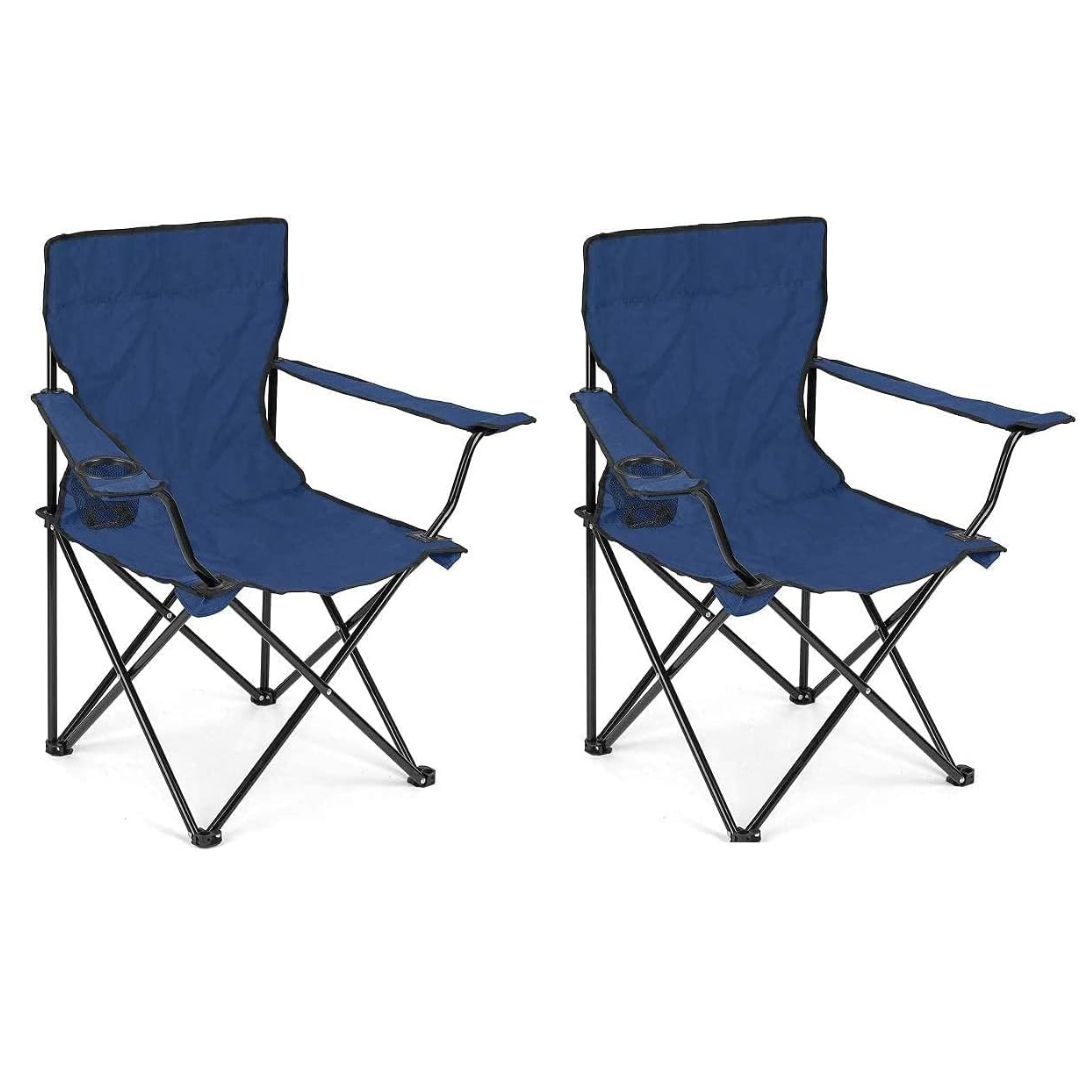 Two blue folding chairs on a white background