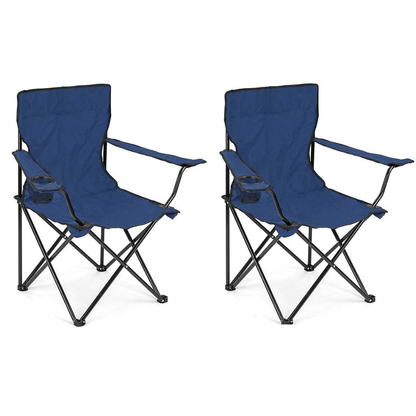 Two blue folding chairs on a white background