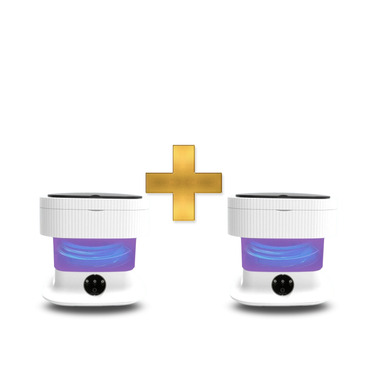 Two white cylindrical devices with purple lights and a gold plus sign on a white background