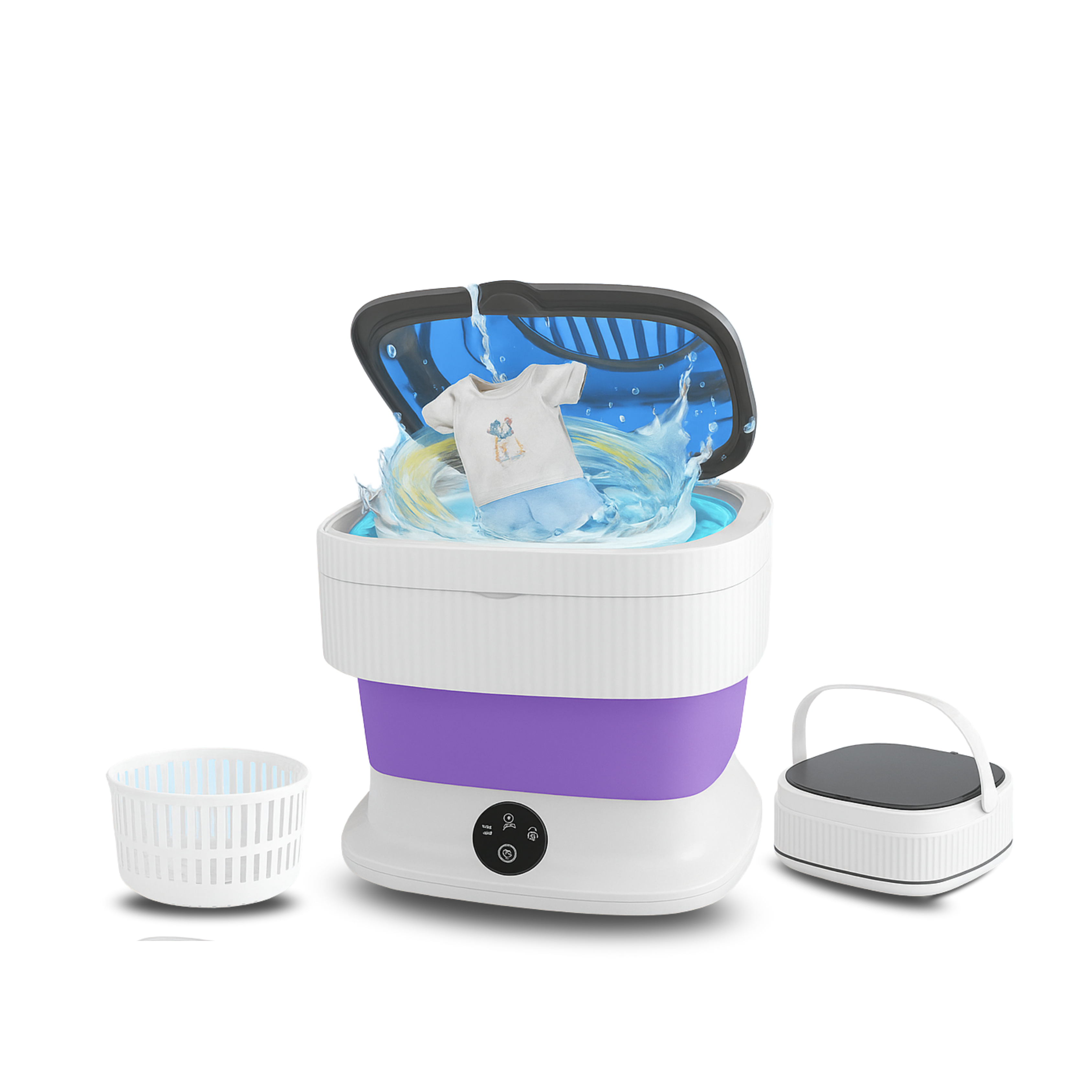 Small washing machine with clothes inside on a white background