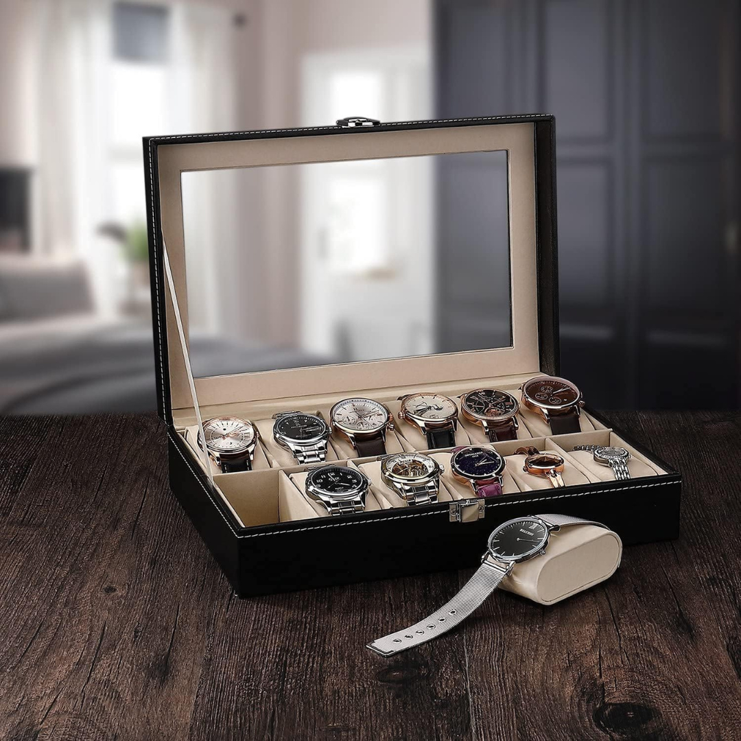 Premium 12-Slot Vegan Leather Watch Collection Display Case and Organizer....