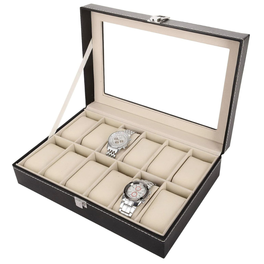 Premium 12-Slot Vegan Leather Watch Collection Display Case and Organizer.