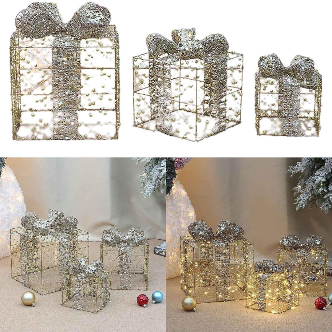 Decorative gift boxes with LED lights and ribbons on a white background