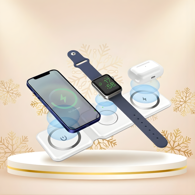 Premium 3-in-1 Fast Wireless Magnetic Charging Stand | 15W Multi-Device Power Pad for iPhone, AirPods, and Smartwatch