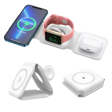 Wireless charging pad with smartphone, smartwatch, and earbuds on a white background