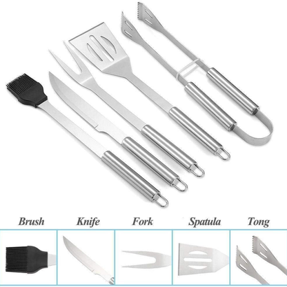 Premium 5-Piece Stainless Steel BBQ Grill Tool Set with Heavy-Duty Oxford Carry Case.