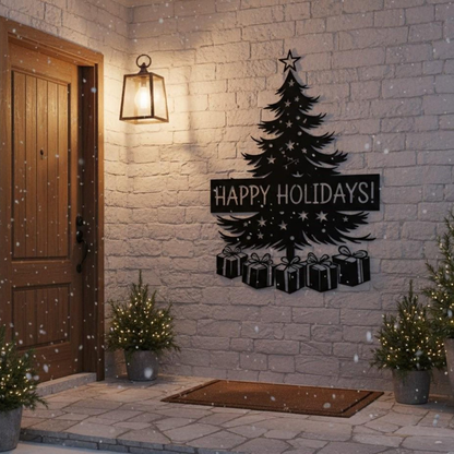 Decorative Christmas sign with tree and presents on a stone wall, featuring 'Happy Holidays!' text.