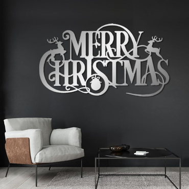 Decorative 'Merry Christmas' wall art on a dark wall with a modern chair and coffee table.
