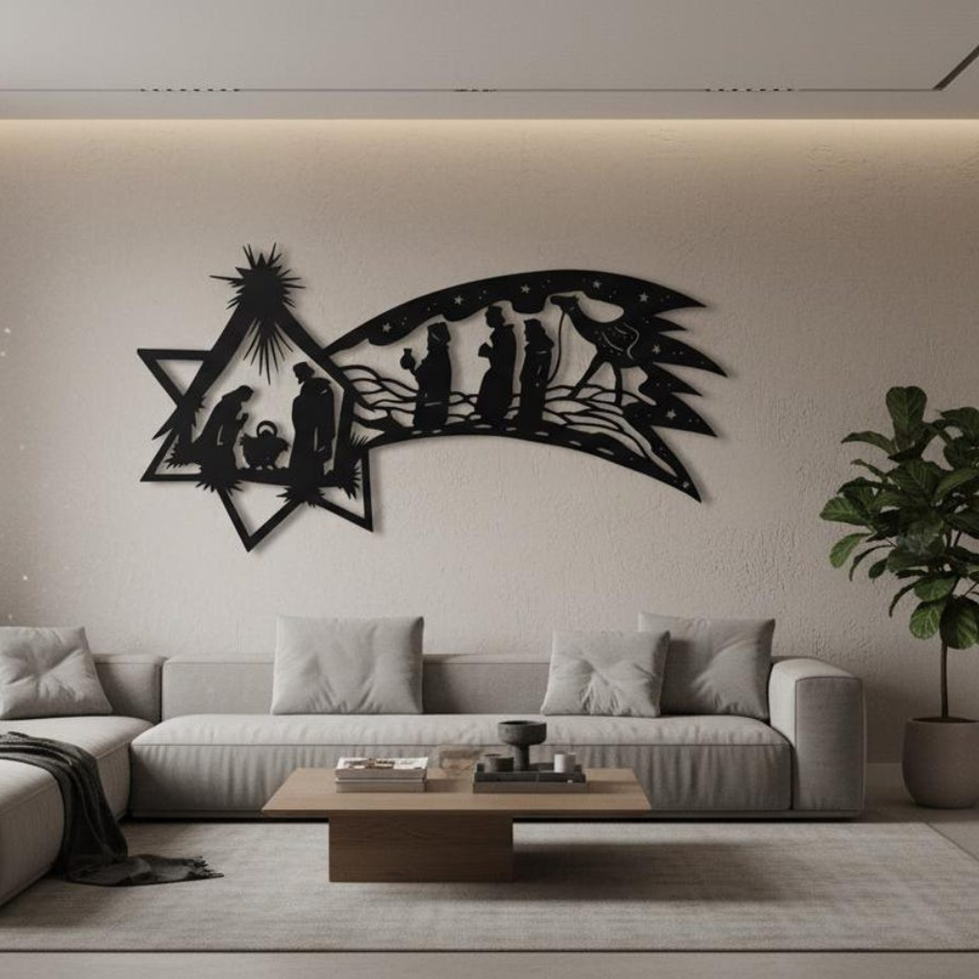 Decorative wall art of a nativity scene in a living room setting.