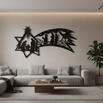 Decorative wall art of a nativity scene in a living room setting.