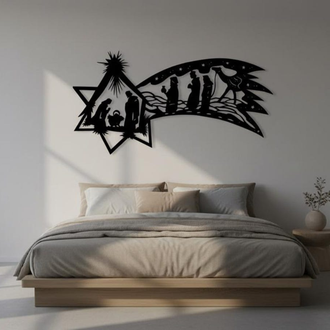 Decorative wall art of a nativity scene on a bedroom wall.