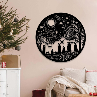 Decorative wall art of a nativity scene with a Christmas tree and festive decor in the background.