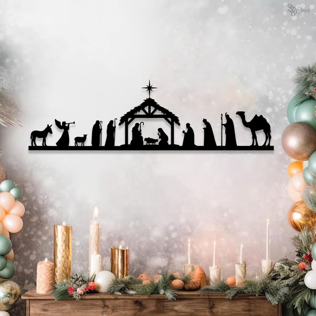 Decorative nativity scene wall art with candles and Christmas decorations on a white background.