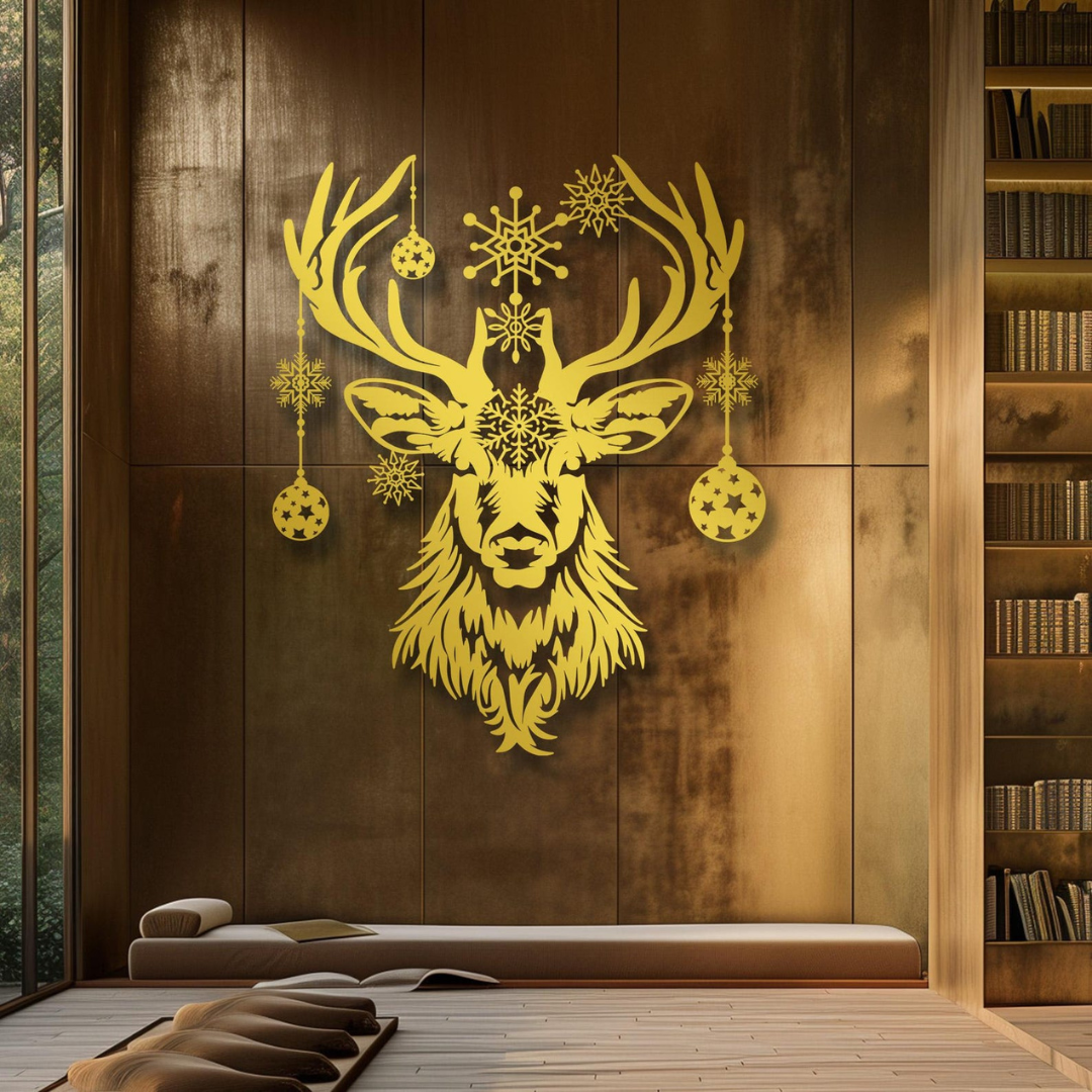 Yellow deer head wall art on a wooden wall with bookshelves in the background