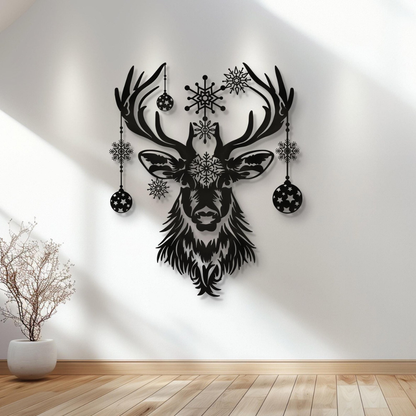 Black deer head wall decoration with snowflake and ball ornaments on a white wall.
