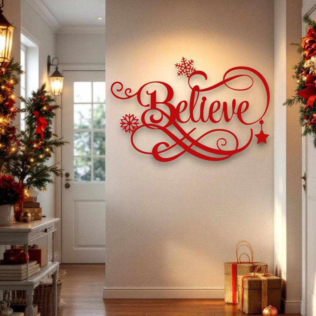 Decorative wall art with 'Believe' in a festive room with Christmas decorations.
