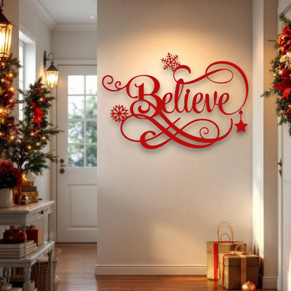 Decorative wall art with 'Believe' in a festive room with Christmas decorations.