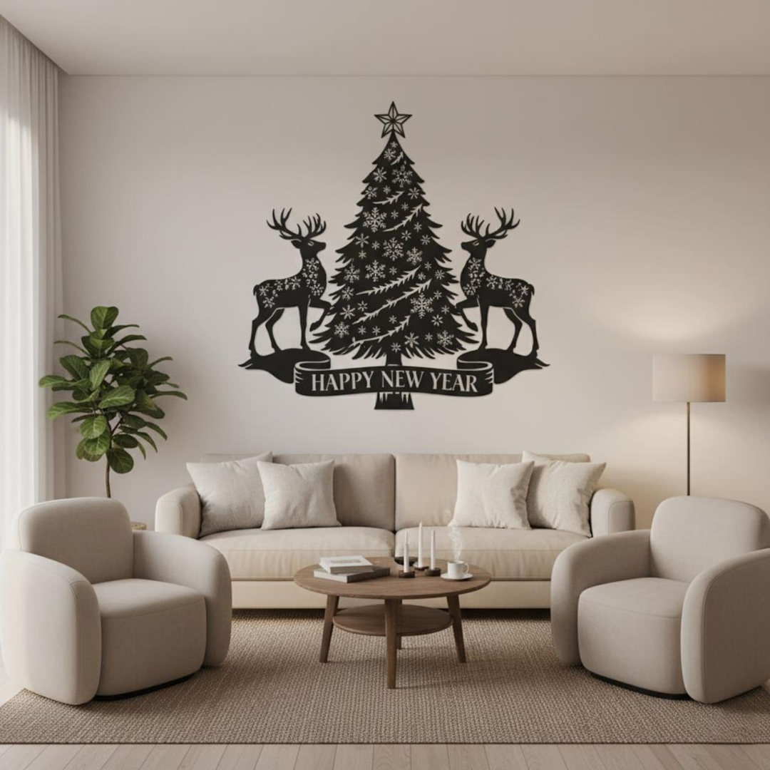 Living room with a Christmas-themed wall decal featuring a tree and reindeer, with a couch and chairs in the foreground.