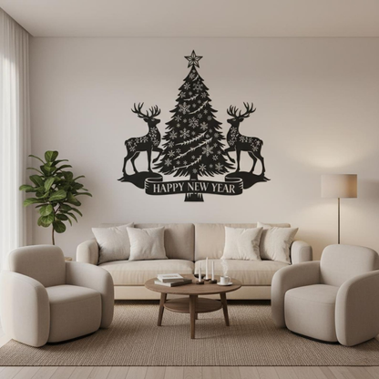 Living room with a Christmas-themed wall decal featuring a tree and reindeer, with a couch and chairs in the foreground.