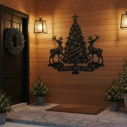 Decorative metal wall art with Christmas tree and reindeer on a wooden wall.