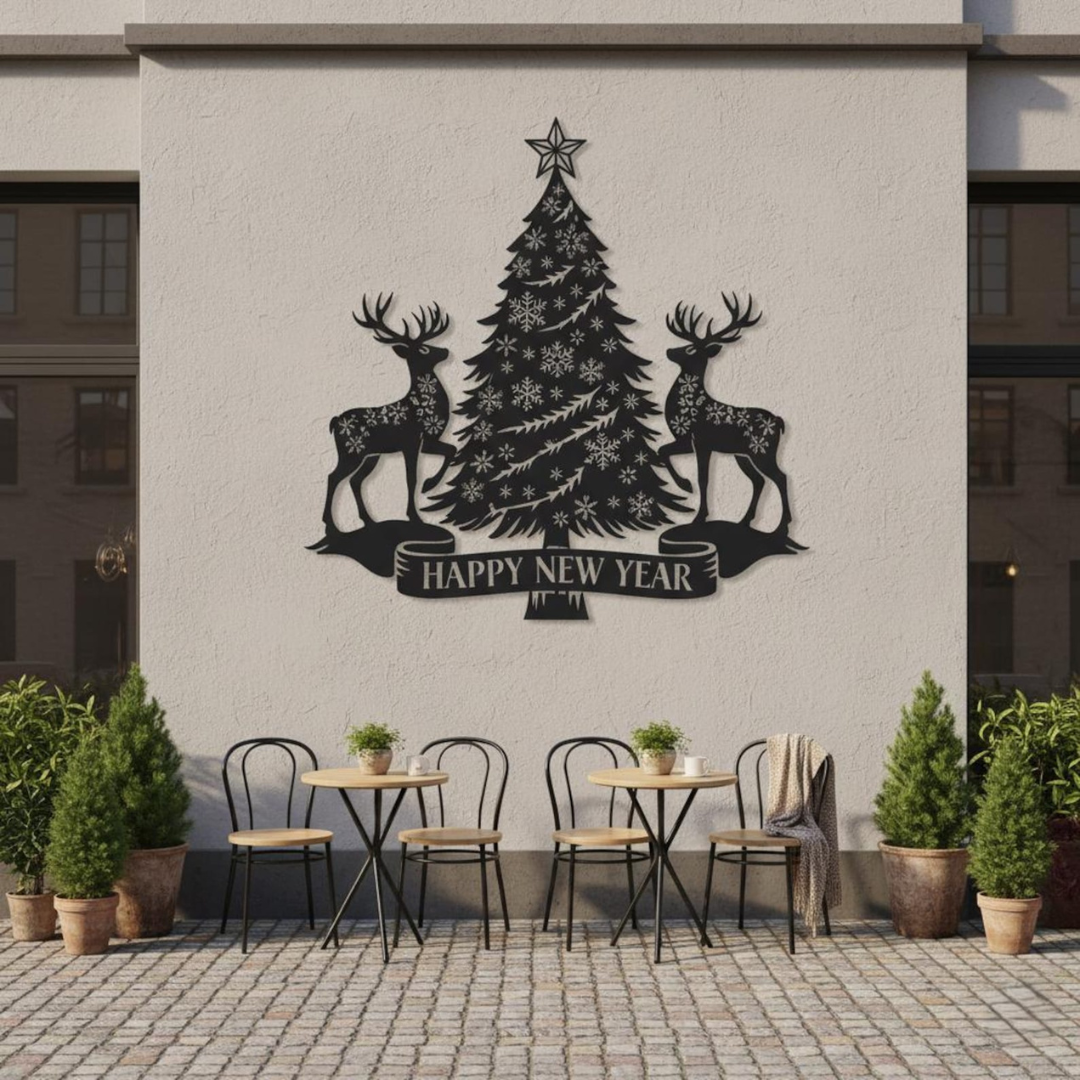 Premium Festive Acrylic Wall Art – 'Happy New Year, Tree & Reindeer' Set – Modern High-Gloss Holiday Decor.