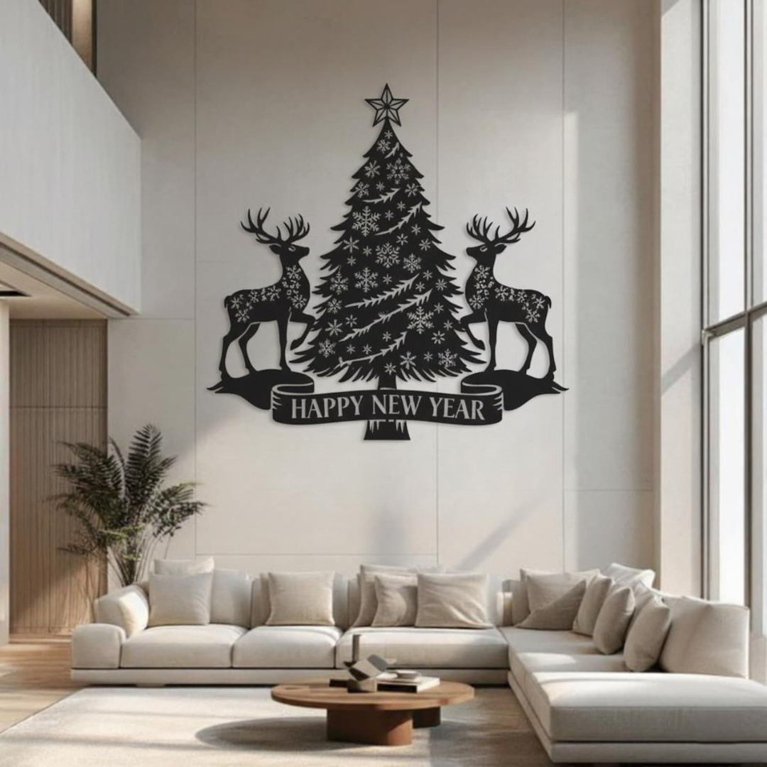 Premium Festive Acrylic Wall Art – 'Happy New Year, Tree & Reindeer' Set – Modern High-Gloss Holiday Decor
