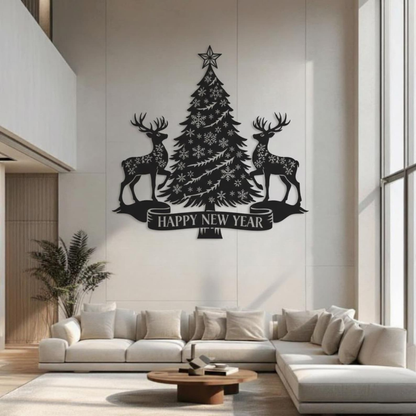 Premium Festive Acrylic Wall Art – 'Happy New Year, Tree & Reindeer' Set – Modern High-Gloss Holiday Decor