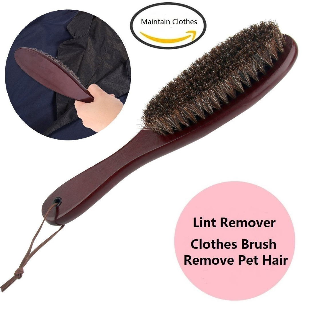 Premium Horsehair Garment and Lint Remover Brush with Ergonomic Wooden Handle..