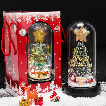 Decorative Christmas tree in a glass dome with 'Merry Christmas' text, next to a red gift box with snowflake design.