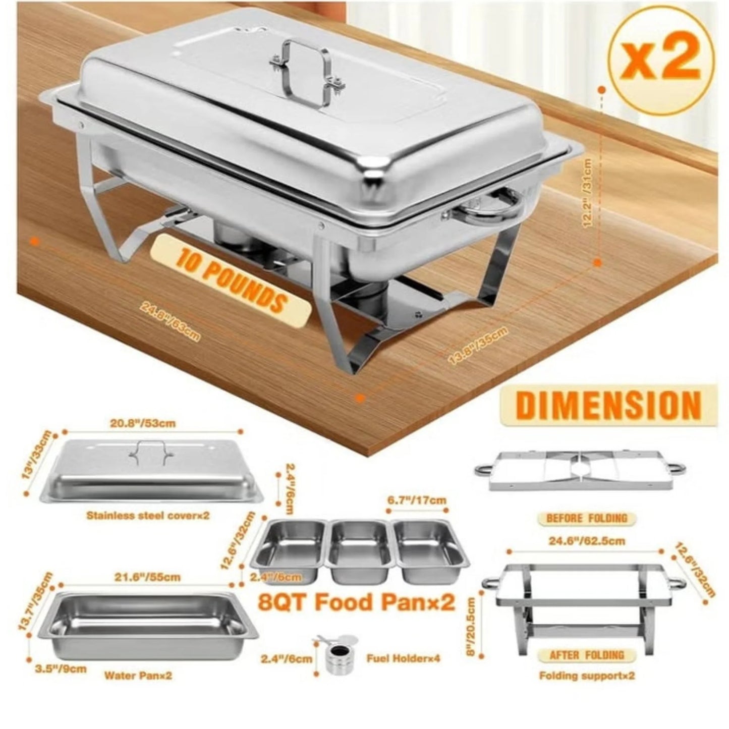 Premium Stainless Steel Chafing Dish Buffet Set 8 Quart Full Size.