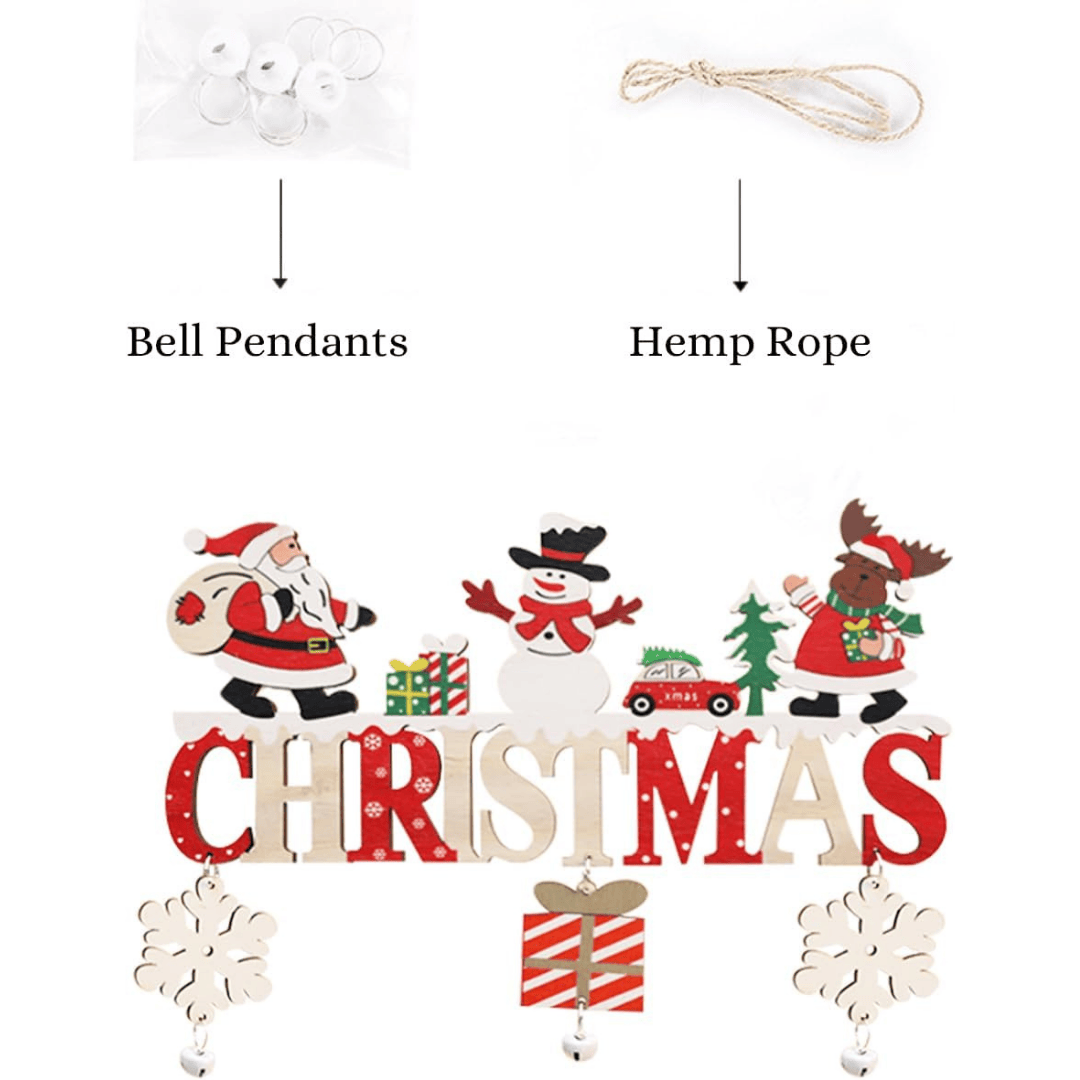 Christmas-themed wooden decorations with Santa, snowman, reindeer, and bell pendants on a white background.