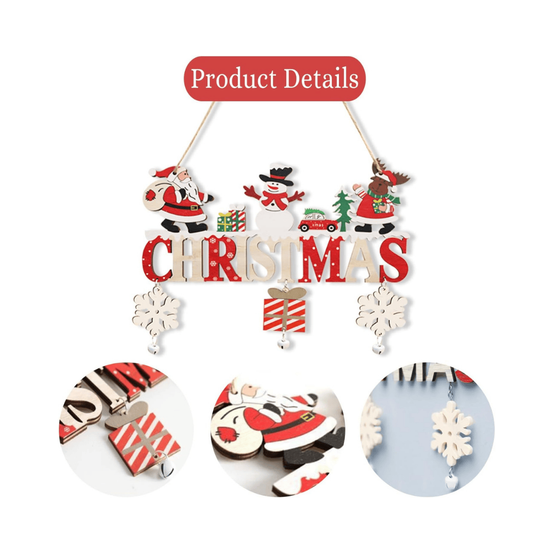 Decorative Christmas sign with Santa Claus, snowmen, and presents on a white background.