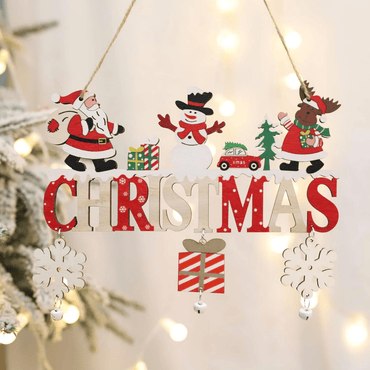 Decorative Christmas sign with Santa, snowman, reindeer, and snowflakes hanging against a light background.