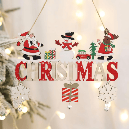 Decorative Christmas sign with Santa, snowman, reindeer, and snowflakes hanging against a light background.