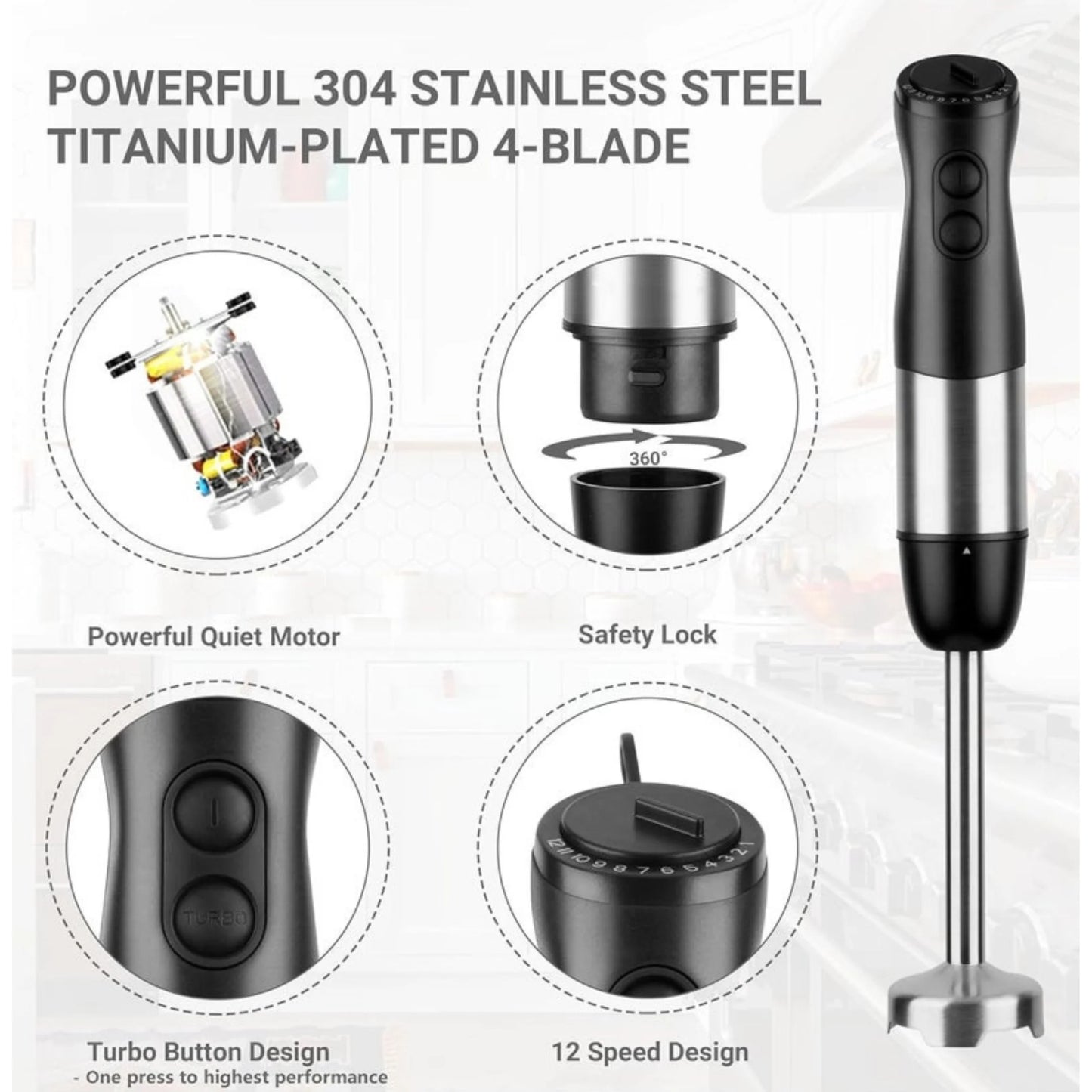 Professional 4-in-1 Hand Blender Set with Chopper and Stainless Steel Ice Blade..