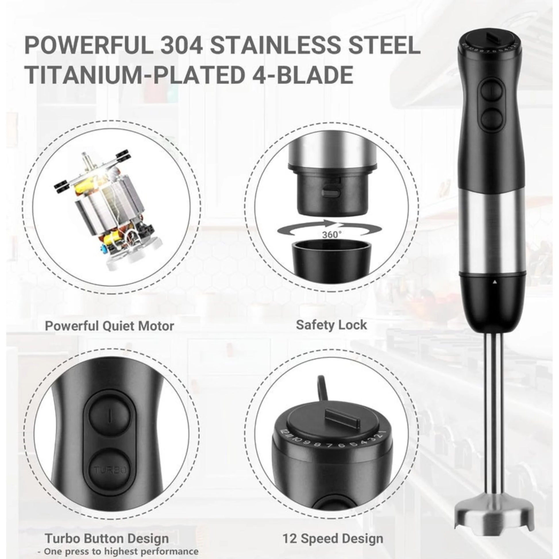 Professional 4-in-1 Hand Blender Set with Chopper and Stainless Steel Ice Blade..