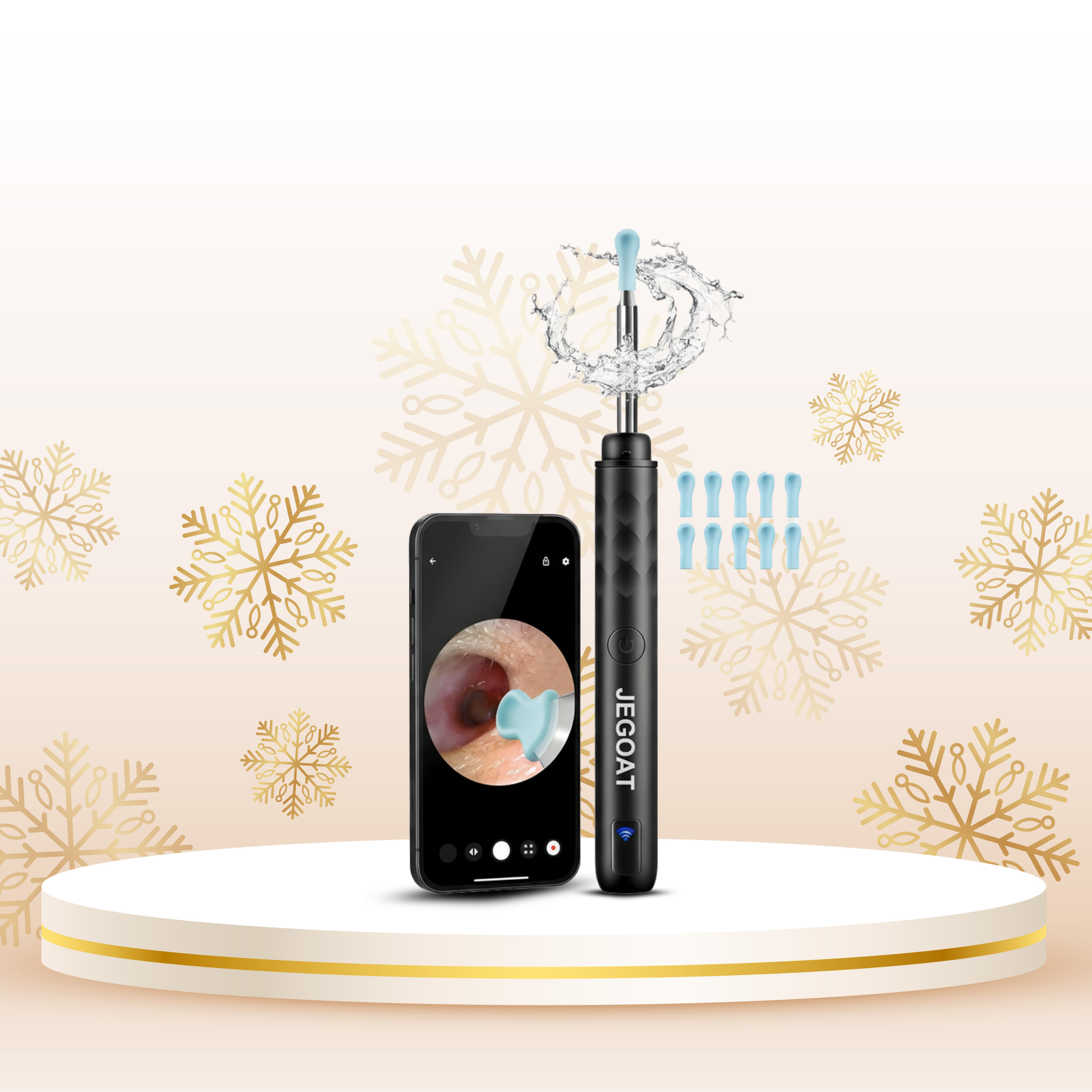 JEGOAT dental tool with smartphone displaying an inspection app on a decorative stand.