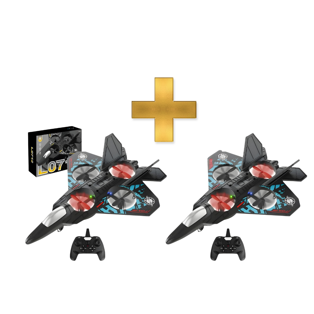 Two black toy jets with colorful designs, two remote controls, and a black box labeled 'L07' on a white background.