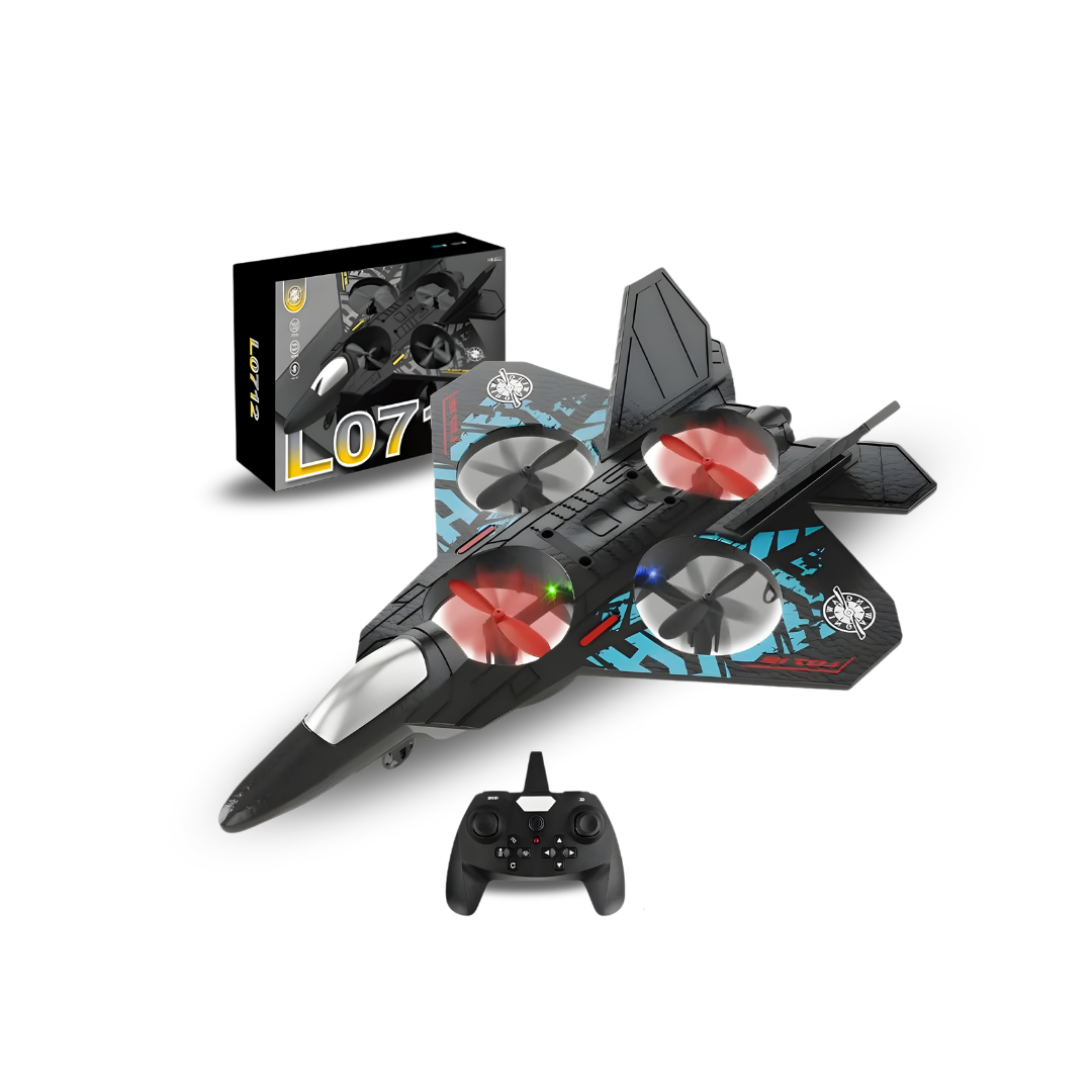 Black toy jet with colorful design and remote control on a white background