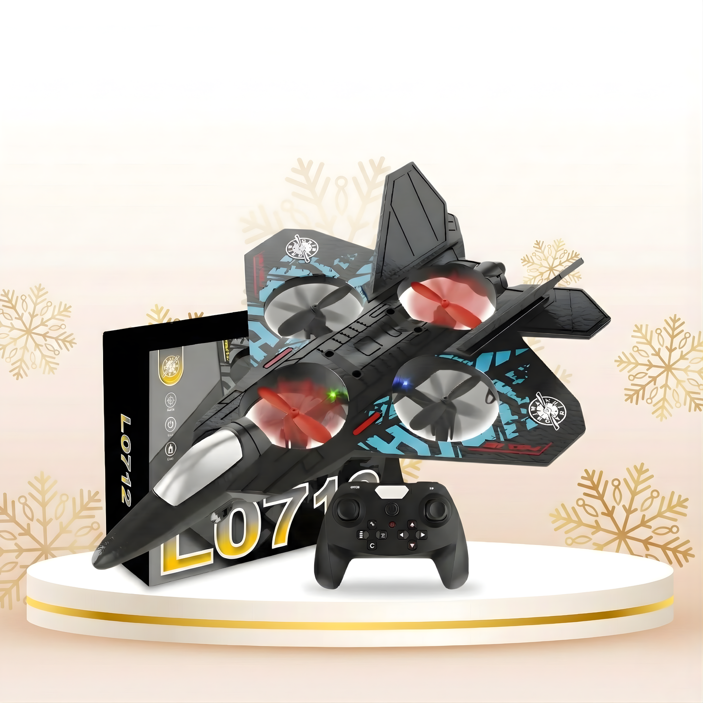 Toy jet with remote control on a decorative stand against a white background