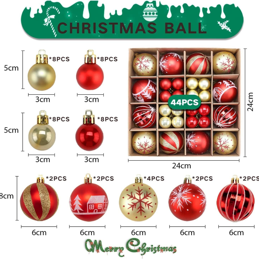 Box of Christmas ball ornaments with measurements and a 'Merry Christmas' banner.