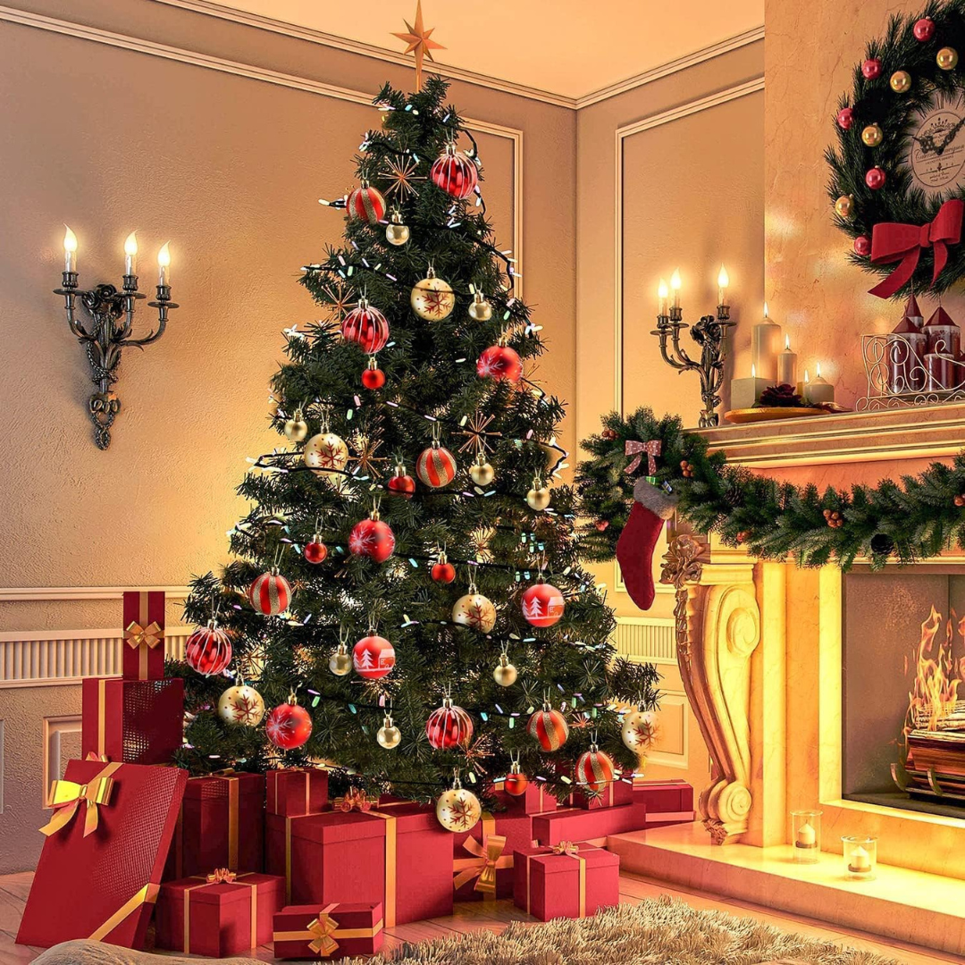 Decorated Christmas tree with ornaments and presents in a room with a fireplace.